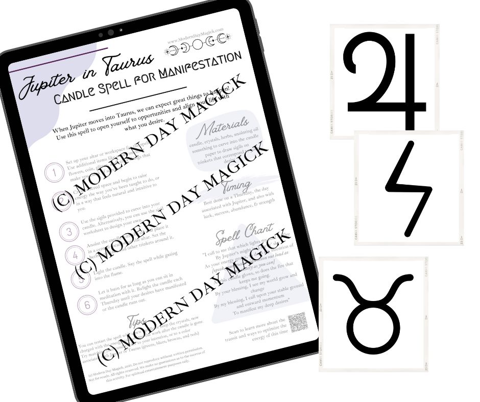 Image of a tablet with a sample spell sheet on the screen, next to three square sigil card samples, all on a white background